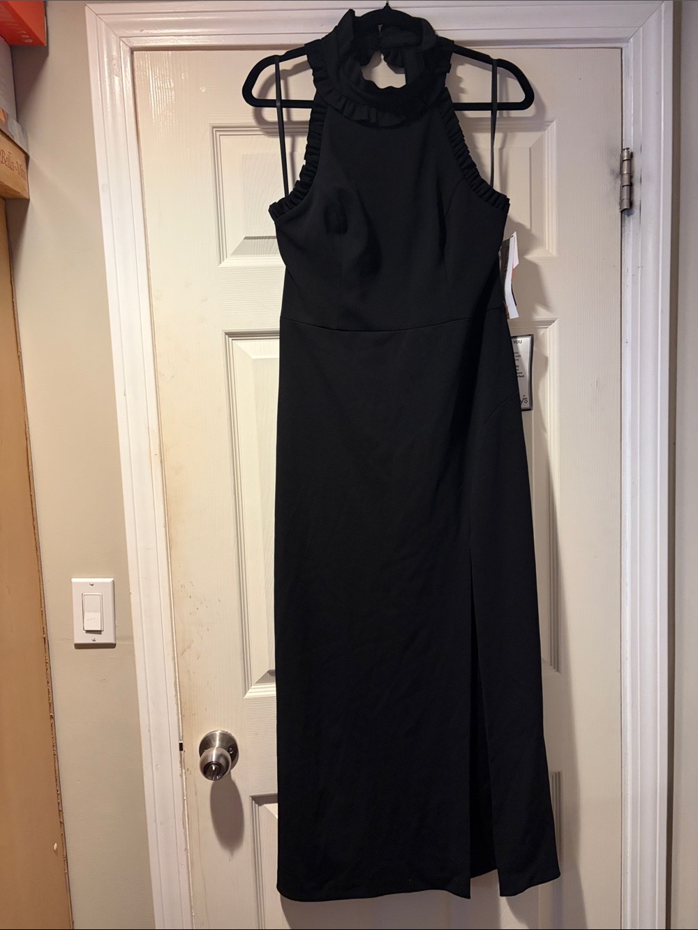 Xscape Black Ruffle Halter Maxi Gown